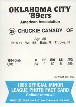 1985 TCMA Oklahoma City 89ers #29 Chuckie Canady Back