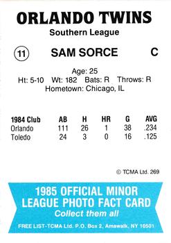 1985 TCMA Orlando Twins #11 Sam Sorce Back