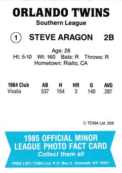 1985 TCMA Orlando Twins #1 Steve Aragon Back