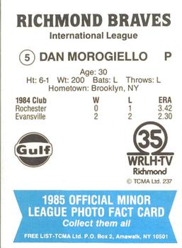 1985 TCMA Richmond Braves #5 Dan Morogiello Back