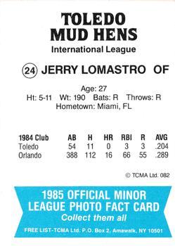 1985 TCMA Toledo Mud Hens #24 Jerry Lomastro Back