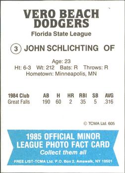 1985 TCMA Vero Beach Dodgers #3 John Schlichting Back
