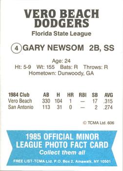 1985 TCMA Vero Beach Dodgers #4 Gary Newsom Back