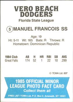 1985 TCMA Vero Beach Dodgers #5 Manuel Francois Back