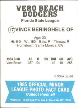 1985 TCMA Vero Beach Dodgers #17 Vince Beringhele Back