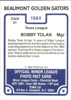 1984 TCMA Beaumont Golden Gators #21 Bobby Tolan Back