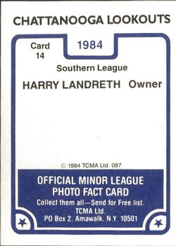 1984 TCMA Chattanooga Lookouts #14 Harry Landreth Back
