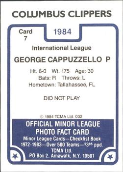1984 TCMA Columbus Clippers #7 George Cappuzzello Back