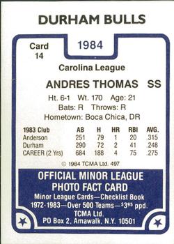 1984 TCMA Durham Bulls #14 Andres Thomas Back