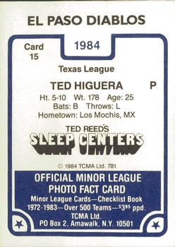 1984 TCMA El Paso Diablos #15 Ted Higuera Back