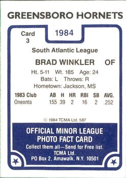 1984 TCMA Greensboro Hornets #3 Brad Winkler Back
