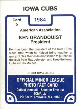 1984 TCMA Iowa Cubs #5 Ken Grandquist Back