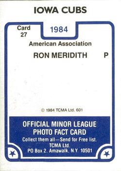 1984 TCMA Iowa Cubs #27 Ron Meridith Back
