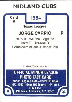1984 TCMA Midland Cubs #6 Jorge Carpio Back