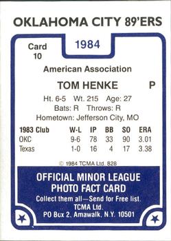 1984 TCMA Oklahoma City 89ers #10 Tom Henke Back