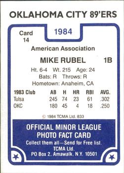1984 TCMA Oklahoma City 89ers #14 Mike Rubel Back