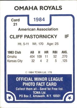 1984 TCMA Omaha Royals #21 Cliff Pastornicky Back