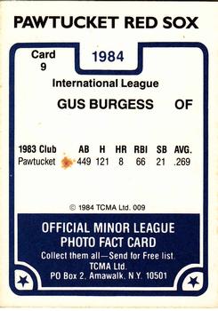 1984 TCMA Pawtucket Red Sox #9 Gus Burgess Back