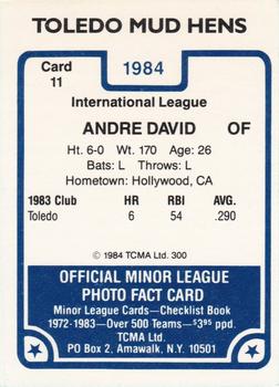 1984 TCMA Toledo Mud Hens #11 Andre David Back