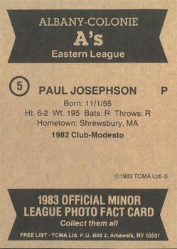 1983 TCMA Albany-Colonie A's #5 Paul Josephson Back
