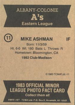 1983 TCMA Albany-Colonie A's #11 Mike Ashman Back