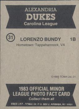 1983 TCMA Alexandria Dukes #31 Lorenzo Bundy Back