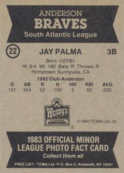 1983 TCMA Anderson Braves #22 Jay Palma Back