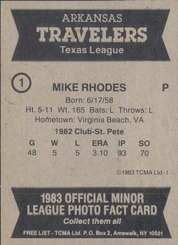 1983 TCMA Arkansas Travelers #1 Mike Rhodes Back