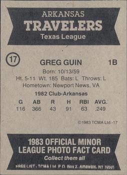 1983 TCMA Arkansas Travelers #17 Greg Guin Back