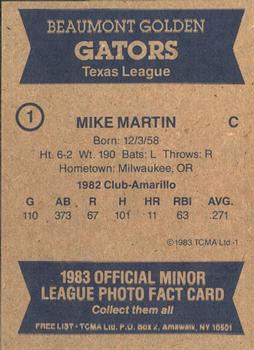 1983 TCMA Beaumont Golden Gators #1 Mike Martin Back