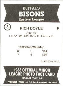 1983 TCMA Buffalo Bisons #3 Rich Doyle Back
