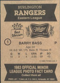 1983 TCMA Burlington Rangers #1 Barry Bass Back