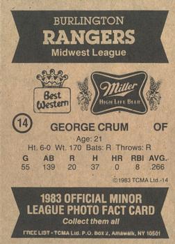 1983 TCMA Burlington Rangers #14 George Crum Back