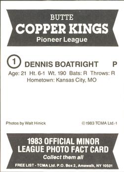 1983 TCMA Butte Copper Kings #1 Dennis Boatright Back