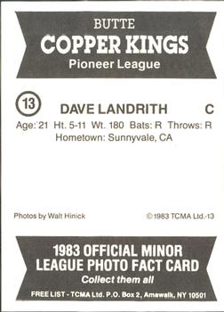 1983 TCMA Butte Copper Kings #13 Dave Landrith Back
