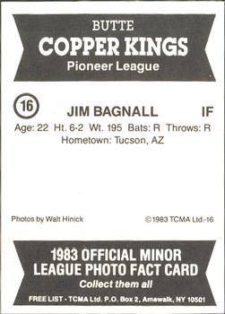 1983 TCMA Butte Copper Kings #16 Jim Bagnall Back