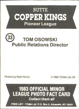 1983 TCMA Butte Copper Kings #33 Tom Osowski Back