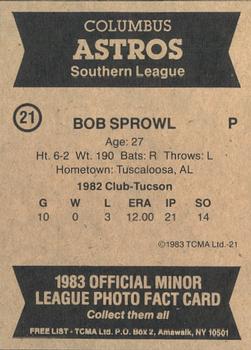 1983 TCMA Columbus Astros #21 Bob Sprowl Back