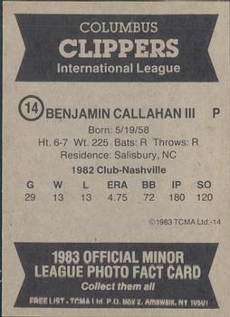 1983 TCMA Columbus Clippers #14 Benjamin Callahan Back