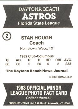 1983 TCMA Daytona Beach Astros #2 Stan Hough Back