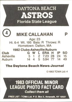 1983 TCMA Daytona Beach Astros #4 Mike Callahan Back