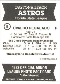 1983 TCMA Daytona Beach Astros #9 Uvaldo Regalado Back