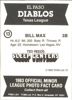 1983 TCMA El Paso Diablos #13 Bill Max Back
