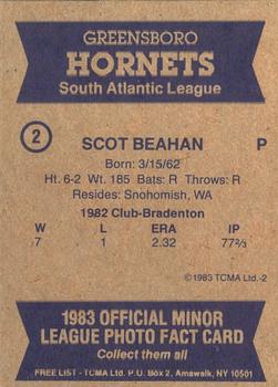 1983 TCMA Greensboro Hornets #2 Scot Beahan Back