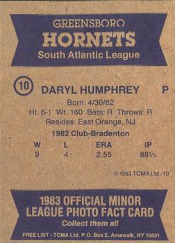 1983 TCMA Greensboro Hornets #10 Daryl Humphrey Back