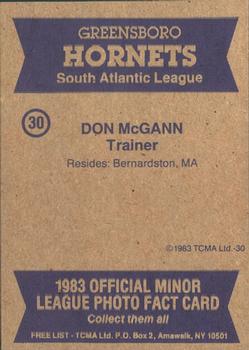 1983 TCMA Greensboro Hornets #30 Don McGann Back