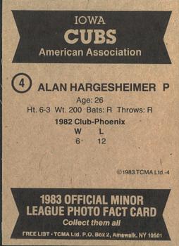 1983 TCMA Iowa Cubs #4 Alan Hargesheimer Back