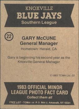 1983 TCMA Knoxville Blue Jays #22 Gary McCune Back
