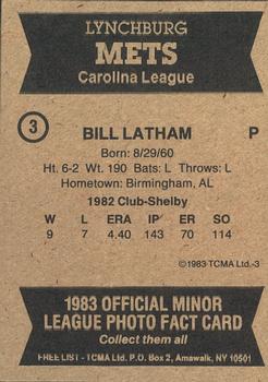 1983 TCMA Lynchburg Mets #3 Bill Latham Back