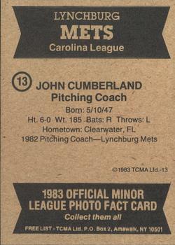 1983 TCMA Lynchburg Mets #13 John Cumberland Back
